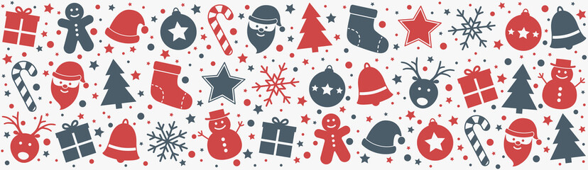 Christmas header with Xmas ornaments. Panoramic banner. Vector