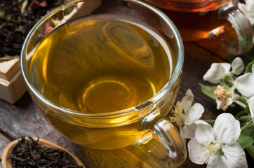various types of tea on a wooden background