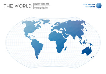World map in polygonal style. Wagner projection of the world. Blue shades colored polygons. Stylish vector illustration.