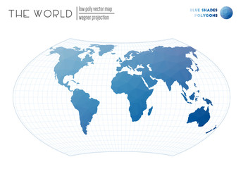 World map in polygonal style. Wagner projection of the world. Blue Shades colored polygons. Stylish vector illustration.