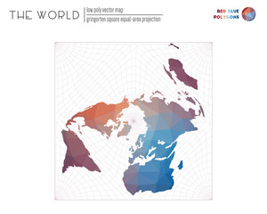 Low poly world map. Gringorten square equal-area projection of the world. Red Blue colored polygons. Modern vector illustration.