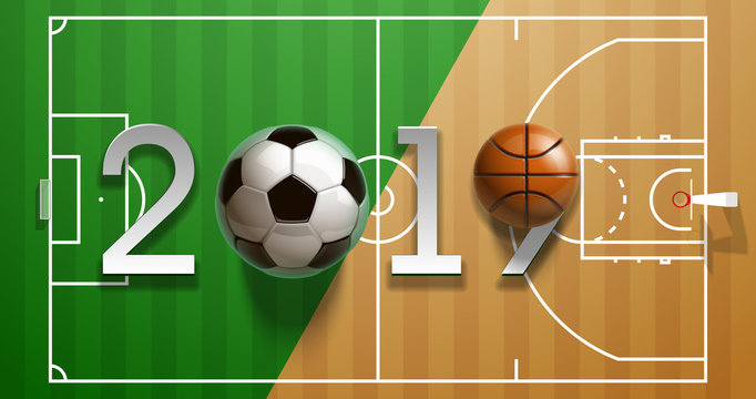 Football basketball 2019 championship Design greeting card banner. greeting card with new year 2019 logo Realistic 3d soccer and basketball balls above on field. classic leather football ball postcard