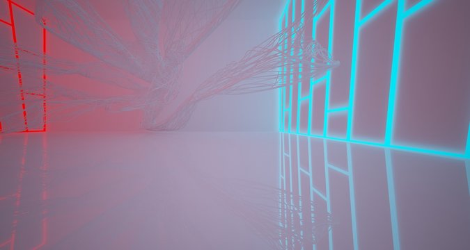 Abstract architectural smooth white interior of a minimalist wires with color gradient neon lighting. 3D illustration and rendering.