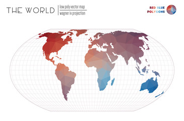 Vector map of the world. Wagner IV projection of the world. Red Blue colored polygons. Awesome vector illustration.