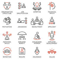 Vector set of linear icons related to engagement employee, employability skills, human resource management. Mono line pictograms and infographics design elements