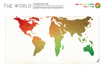 Polygonal map of the world. Gringorten square equal-area projection of the world. Red Yellow Green colored polygons. Elegant vector illustration.