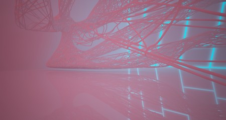 Abstract architectural smooth white interior of a minimalist wires with color gradient neon lighting. 3D illustration and rendering.