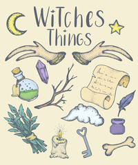 Naklejka premium Set of witches things. Halloween set