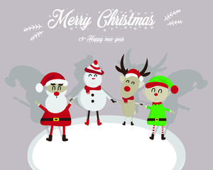 Merry Christmas and Happy New Year. Many cute cartoon characters such as Santa Claus, reindeer, elves, with space for text, illustrations - vector.