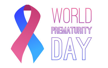 International day of premature babies. Festive pink blue ribbon with the inscription on a white background. Horizontal vector card. Banner for articles.