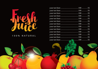 Vector menu for Fresh juice with various fruits, berries, vegetables, calligraphic inscription and price list on black background