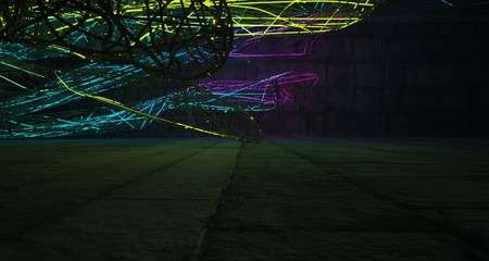 Abstract architectural concrete smooth interior of a minimalist house with color gradient neon lighting. 3D illustration and rendering.