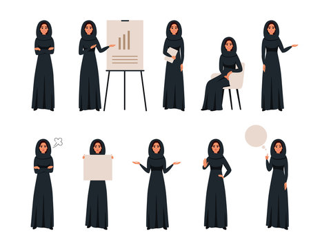 Set of Successful creative business arab women in different poses. Saudi business female wears hijab working at office. Vector illustration