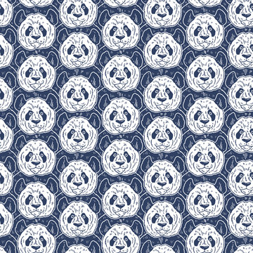 Cute funny cartoon panda seamless pattern. Vector illustration hand drawn in lines. Trendy doodle background