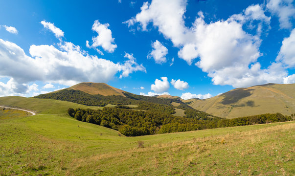 Castelluccio di Norcia, 2019 (Umbria, Italy) - The famous landscape highland of Sibillini Mountains, during the autumn, with the small stone village destroyed by a recent earthquake