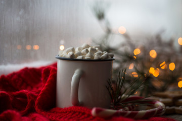 Cacao drink in a glass with marshmallow on the background of bokeh lights, window  Christmas hot drinks
