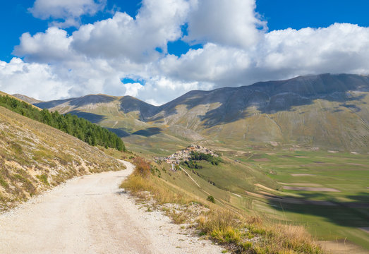 Castelluccio di Norcia, 2019 (Umbria, Italy) - The famous landscape highland of Sibillini Mountains, during the autumn, with the small stone village destroyed by a recent earthquake