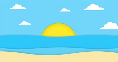 Fototapeta na wymiar Abstract the sea at dawn clear blue sky with sun background. Soft gradient pastel cartoon graphics. Ideas for children designs or presentations. Flat design illustration of summer