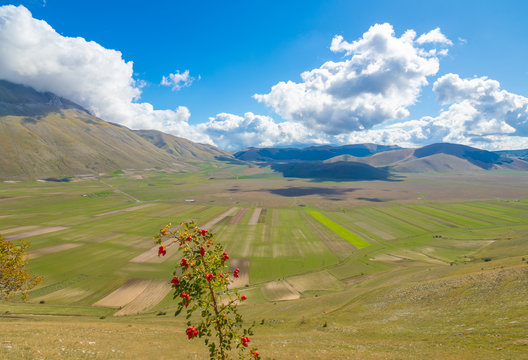 Castelluccio di Norcia, 2019 (Umbria, Italy) - The famous landscape highland of Sibillini Mountains, during the autumn, with the small stone village destroyed by a recent earthquake