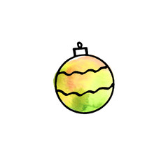 Christmas watercolor tree ball isolated on white background. New year and Christmas line art, doodle, sketch, hand drawn. Simple illustration for greeting cards, calendars, prints