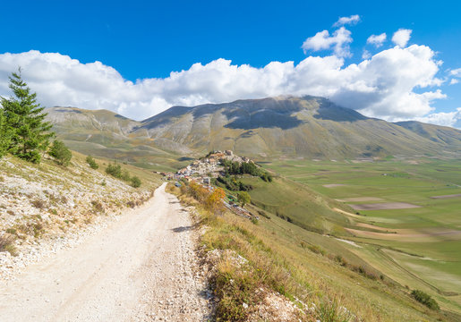 Castelluccio di Norcia, 2019 (Umbria, Italy) - The famous landscape highland of Sibillini Mountains, during the autumn, with the small stone village destroyed by a recent earthquake