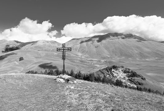 Castelluccio di Norcia, 2019 (Umbria, Italy) - The famous landscape highland of Sibillini Mountains, during the autumn, with the small stone village destroyed by a recent earthquake