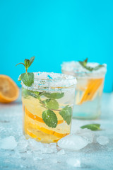 Infused water made from lemon in sparkling mineral water look so freshness and healthy.