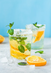 Infused water made from lemon in sparkling mineral water look so freshness and healthy.