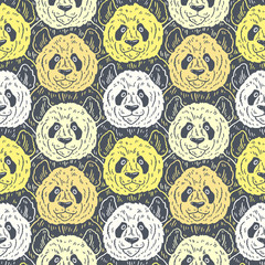 Cute funny cartoon panda seamless pattern. Vector illustration hand drawn in lines. Trendy doodle background