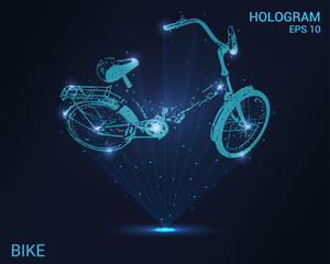 The hologram of bike. A holographic projection of a Bicycle. Flickering energy flux of particles. Scientific transport design.