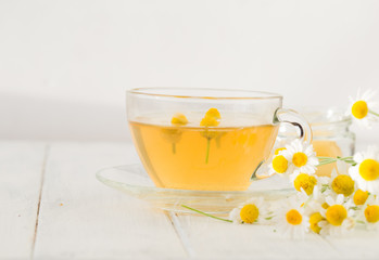 Herbal chamomile tea isolated on white background