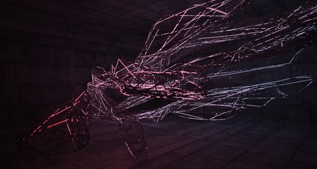 Abstract architectural concrete smooth wire interior of a minimalist house with color gradient neon lighting. 3D illustration and rendering.