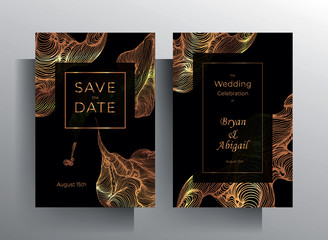 Wedding invitation design. Set of patterns on a black background, decorated with hand-drawn golden elements. EPS vector 10