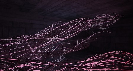 Abstract architectural concrete smooth wire interior of a minimalist house with color gradient neon lighting. 3D illustration and rendering.