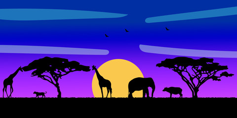 Fototapeta na wymiar Landscape of African savannah. Animals in wild nature. 