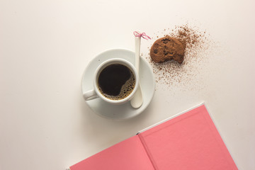 French summer still life. Feminine lifestyle composition. Cup of coffee, lavender flowers bouquet, cookies