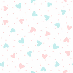 Cute seamless pattern with randomly scattered hearts and round spots. Romantic repeated print. Vector illustration.