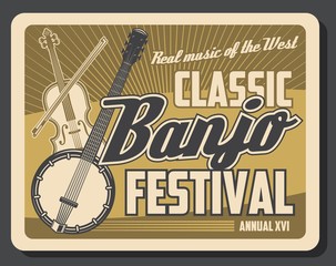 Violin, banjo musical instruments. Music festival