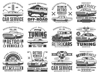 Retro cars with spare parts, wheels, tires, piston