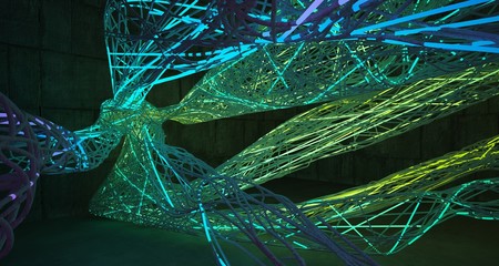 Abstract architectural concrete smooth wire interior of a minimalist house with color gradient neon lighting. 3D illustration and rendering.