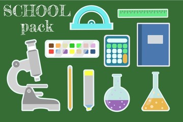 Set of stickers on the school theme with elements of school supplies and stationery.