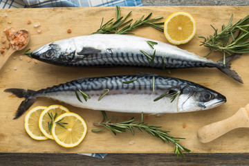 Mackerel. Fresh raw fish with ingredients for cooking, top view, flat lay