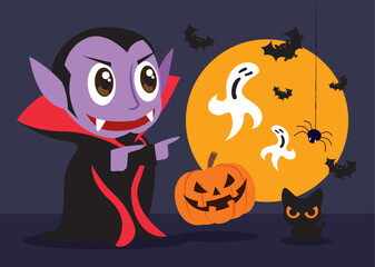 Happy Halloween. Little cute Dracula vampire celebrates Halloween party with Cat, pumpkin, ghost, spider, and flying bats under moonlight - vector character