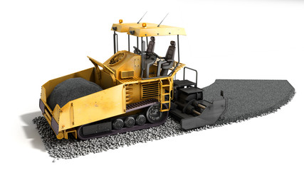 Fototapeta premium Yellow asphalt spreader machine lays asphalt 3d render on white