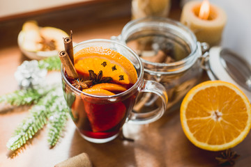A mug of hot homemade mulled wine.