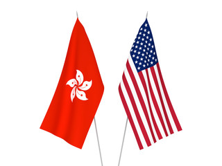 National fabric flags of America and Hong Kong isolated on white background. 3d rendering illustration.