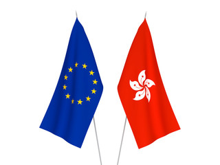 National fabric flags of European Union and Hong Kong isolated on white background. 3d rendering illustration.