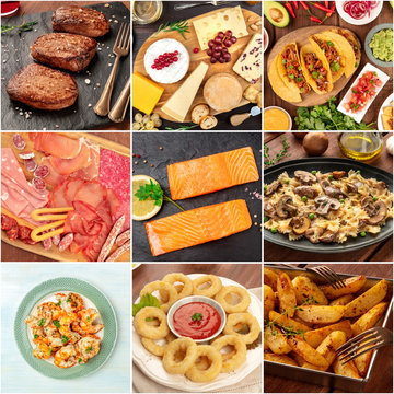 Food Collage. Many photos of tasty dishes, a square design template for a banner, flyer, or restaurant menu