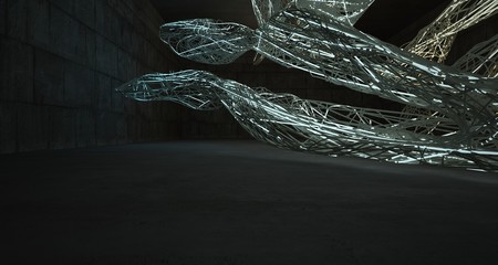 Abstract architectural concrete smooth wire interior of a minimalist house with color gradient neon lighting. 3D illustration and rendering.