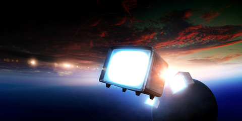 Retro TV flying in space